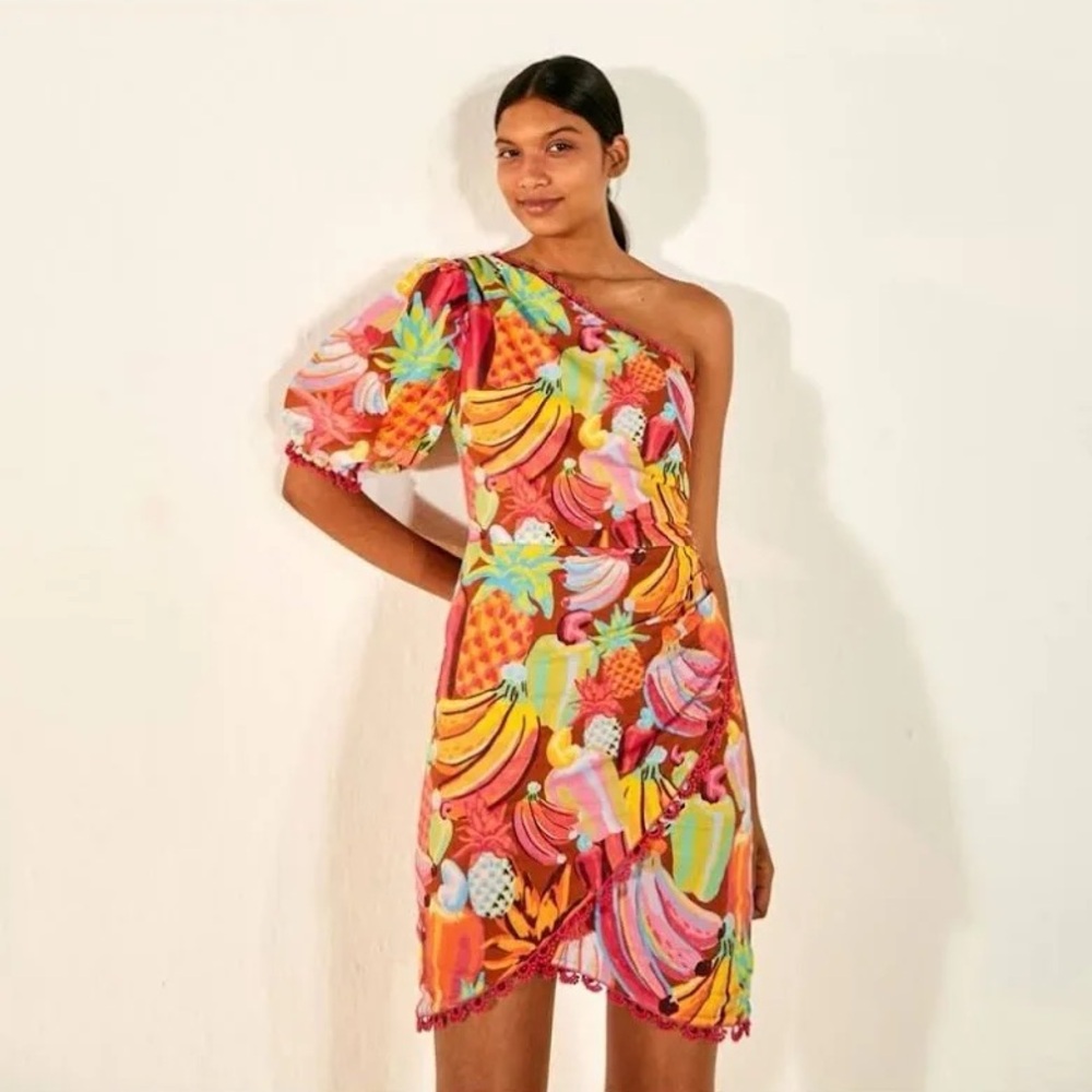 FARM Rio One-Shoulder Tropical Fruit Mini Dress - Pink Multi
